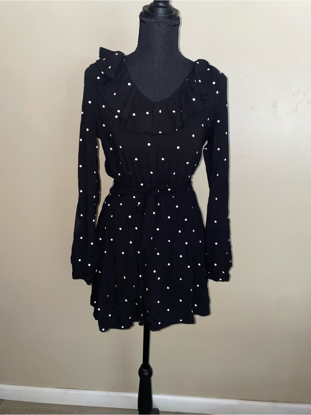 Amuse Society Black Polka Dot Long Sleeve Ruffle Dress
